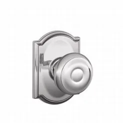 Schlage Residential F10 GEO 625 CAM Georgian Knob With Camelot Rose Passage Lock With 16080 Latch And 10027 Strike Bright Chrome Finish